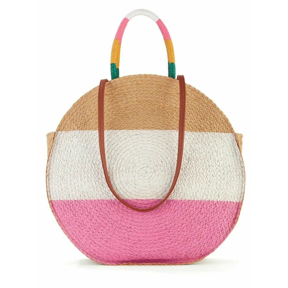 Time and Tru Straw Beach Bag Purse Shoulder Bag Tan Pink Leather Straps NWT